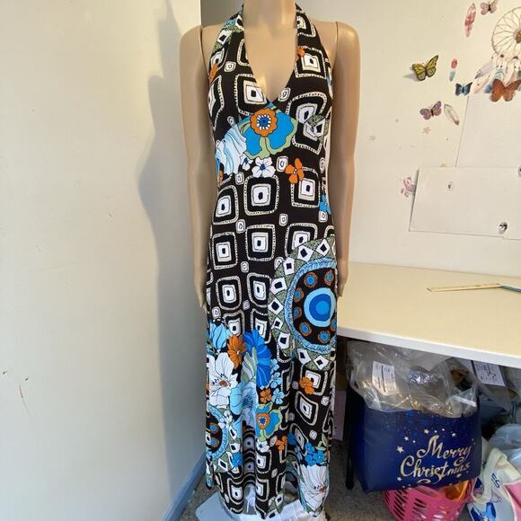 Vintage 90s Y2K Fave’ Babydoll Halter MaxiDress S Floral Stretch Beach Coastal - Picture 2 of 7